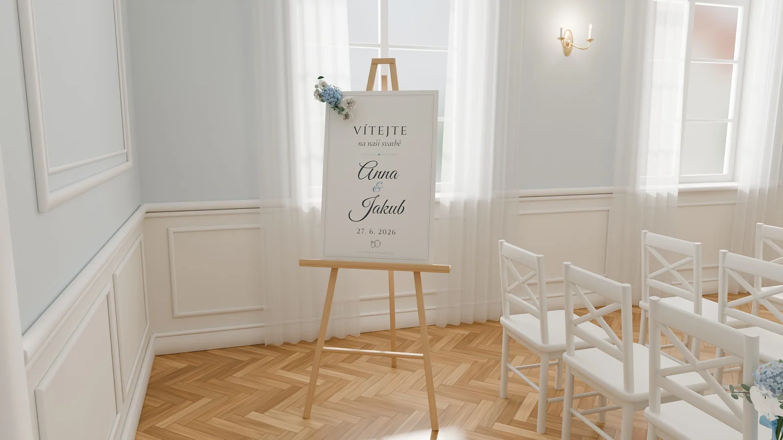Vizualizace: uvítací cedule se jmény na stojanu v obřadní síni, vedle bílé židle
