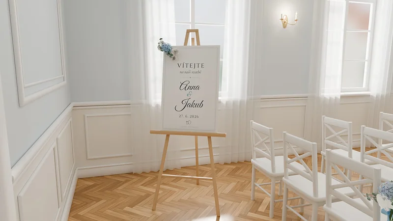 Vizualizace uvítací cedule se jmény novomanželů na stojanu
