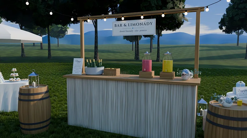 Vizualizace baru s limonádou v zahradě: dřevěný pult s nápoji pod pergolou, vedle sudy